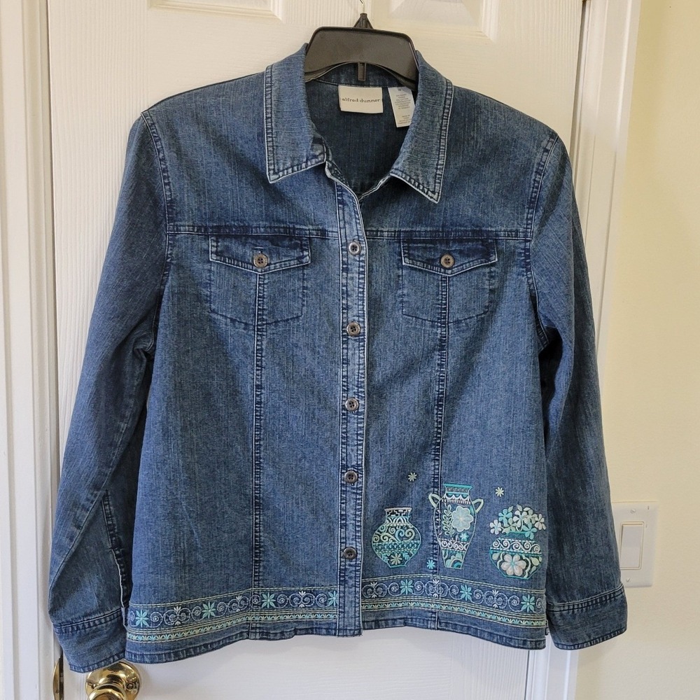 Alfred Dunner Womens Blue Denim Embroidered Pottery Floral Jacket Size 16